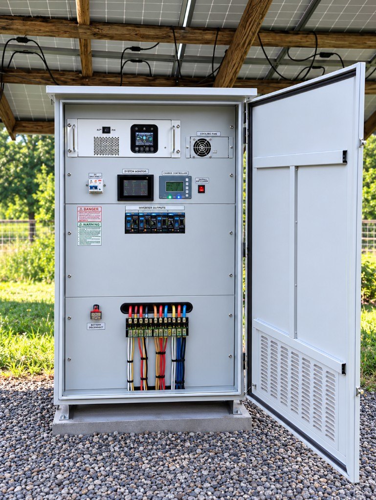 FES-20 power cabinet with door open on a gravel pad under a ground-mount solar array