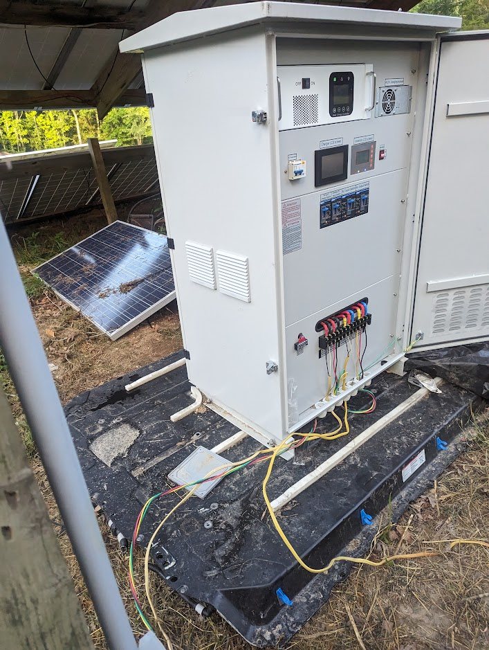 Cabinet standing on a Tesla pack outdoors